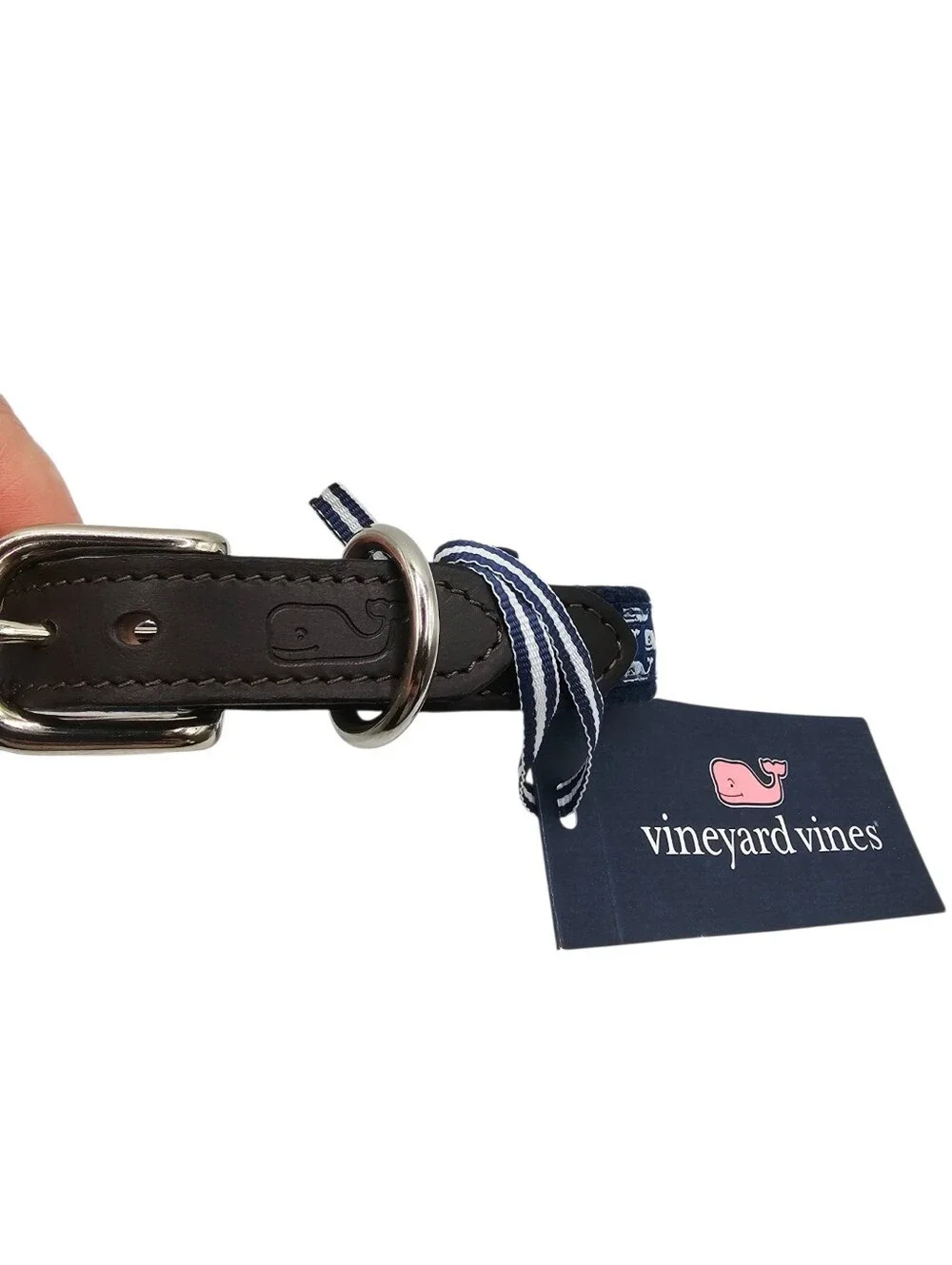Vineyard Vines Leather Canvas Dog Collar Whale Print Blue NWT